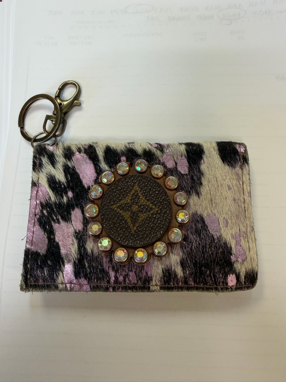 Inspired Black & Pink Haircalf Crystal Logo Card/Key Holder Leather Wallet